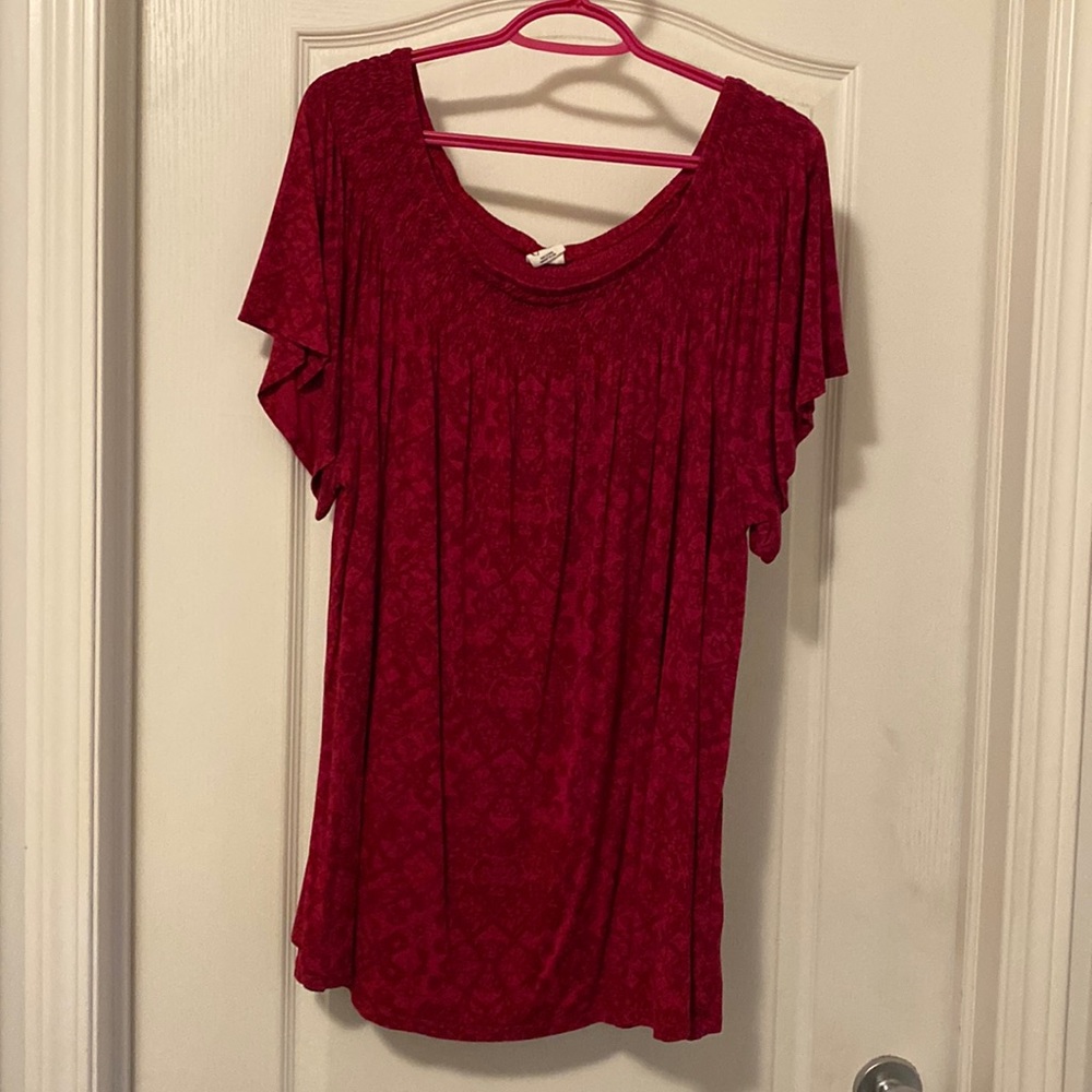 D/C Jeans short sleeve top with printed material & elastic around neck line